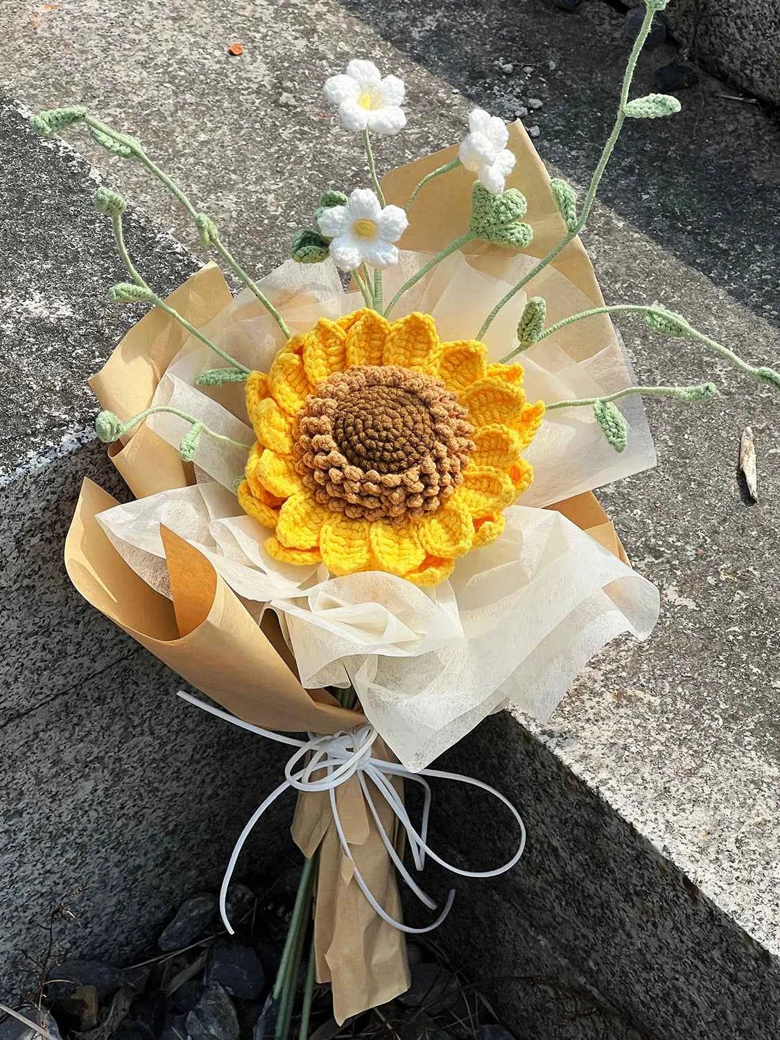 Crochet Sunflower & Mini White Flowers Bouquet - Unique Gift for Birthday & Graduation