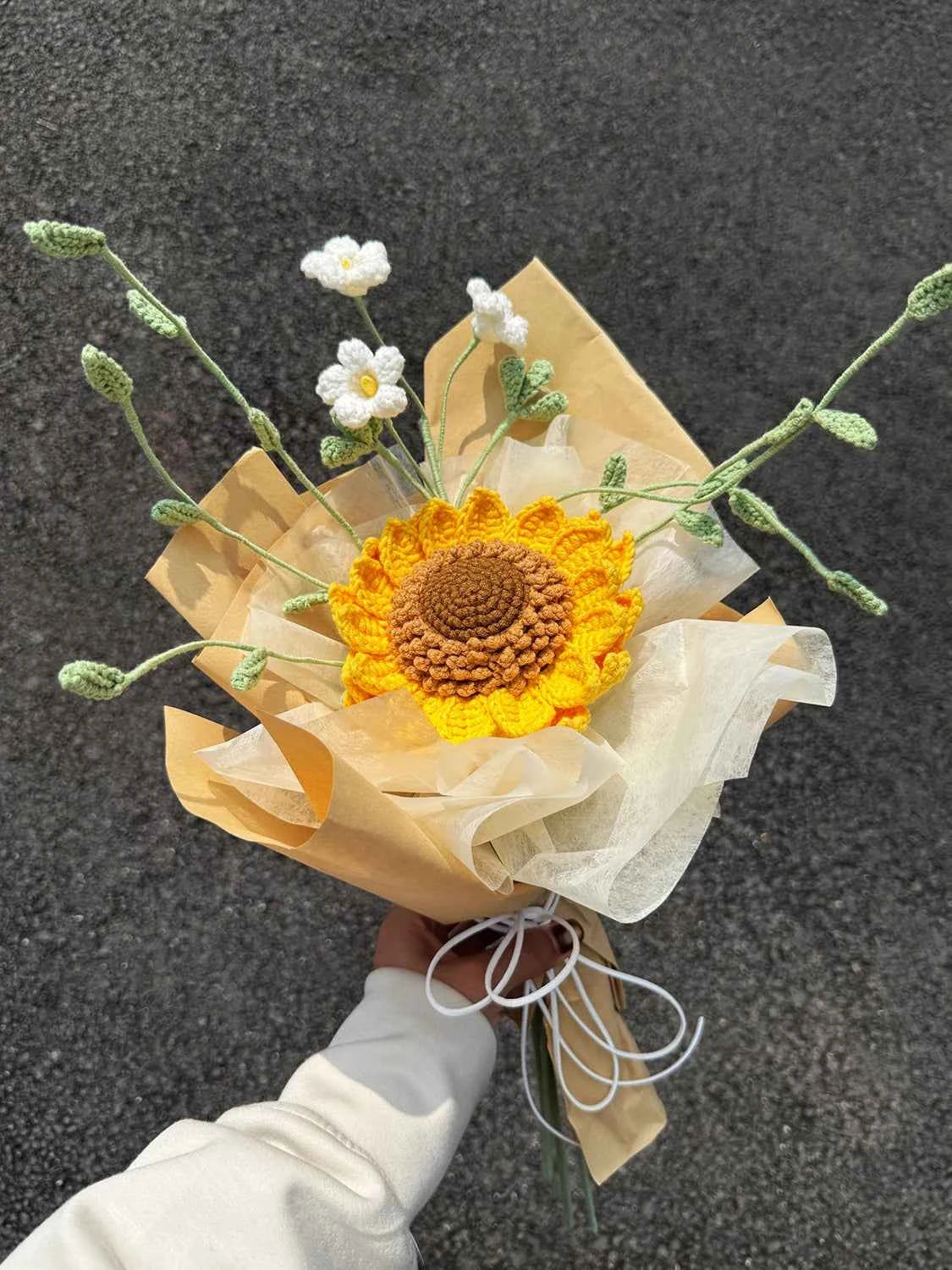 Crochet Sunflower & Mini White Flowers Bouquet - Unique Gift for Birthday & Graduation