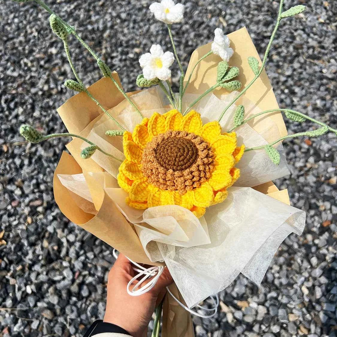 Crochet Sunflower & Mini White Flowers Bouquet - Unique Gift for Birthday & Graduation