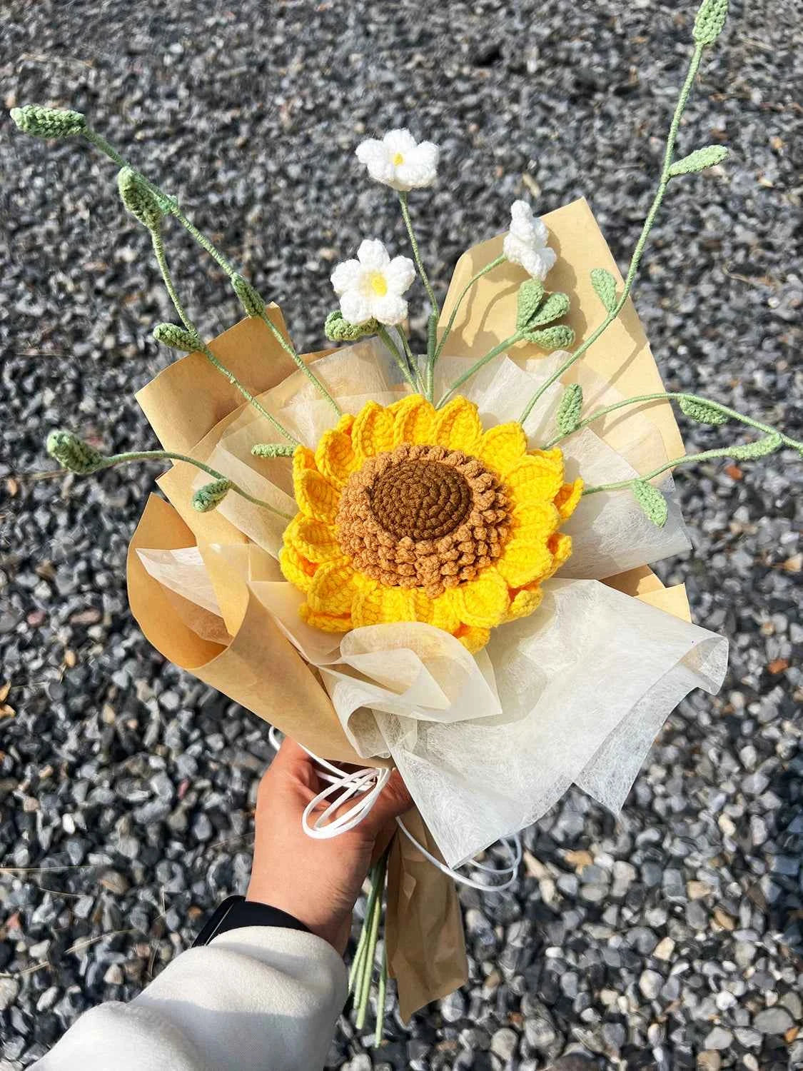 Crochet Sunflower & Mini White Flowers Bouquet - Unique Gift for Birthday & Graduation