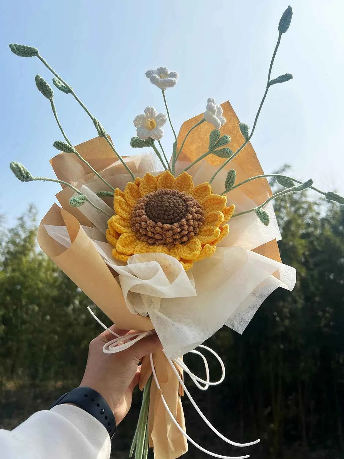 Crochet Sunflower & Mini White Flowers Bouquet - Unique Gift for Birthday & Graduation