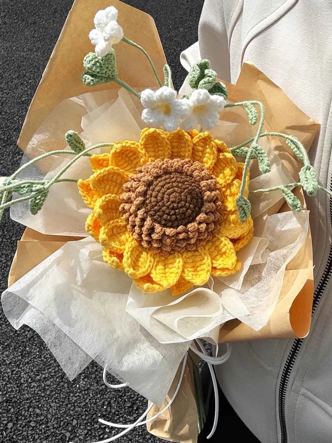 Crochet Sunflower & Mini White Flowers Bouquet - Unique Gift for Birthday & Graduation