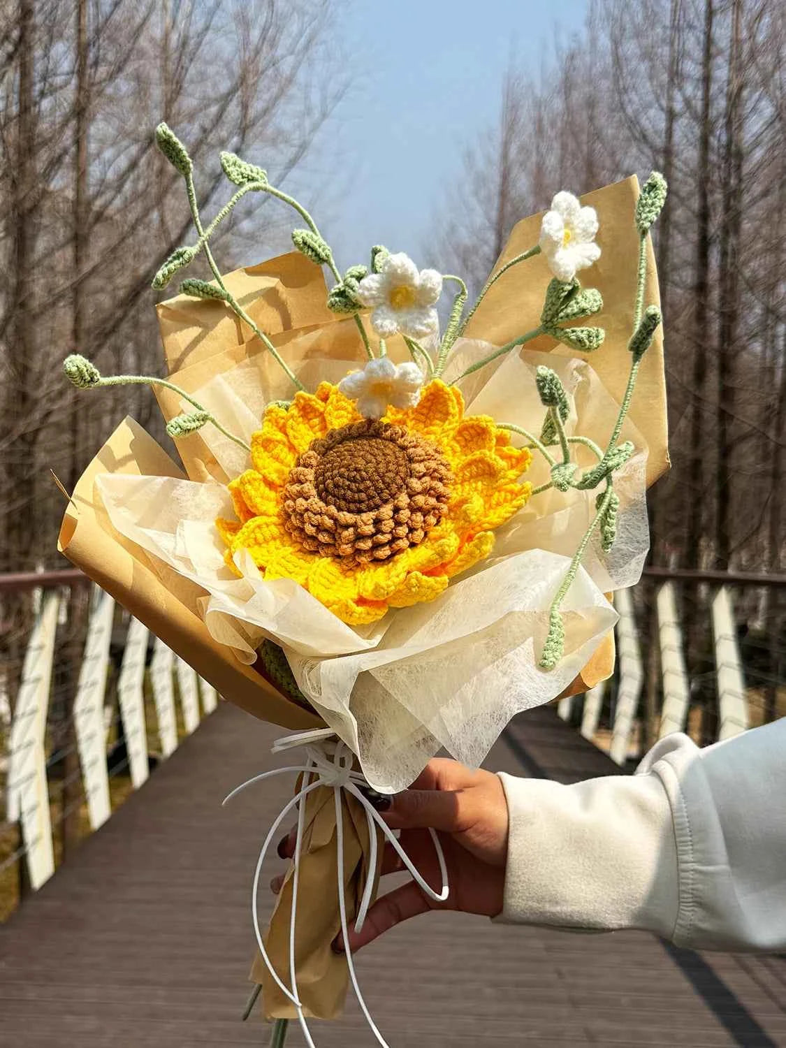 Crochet Sunflower & Mini White Flowers Bouquet - Unique Gift for Birthday & Graduation