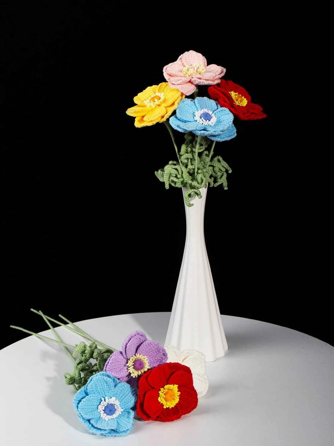 Hand Crochet Anemone Bouquet - Colorful Knitted Flower Arrangement