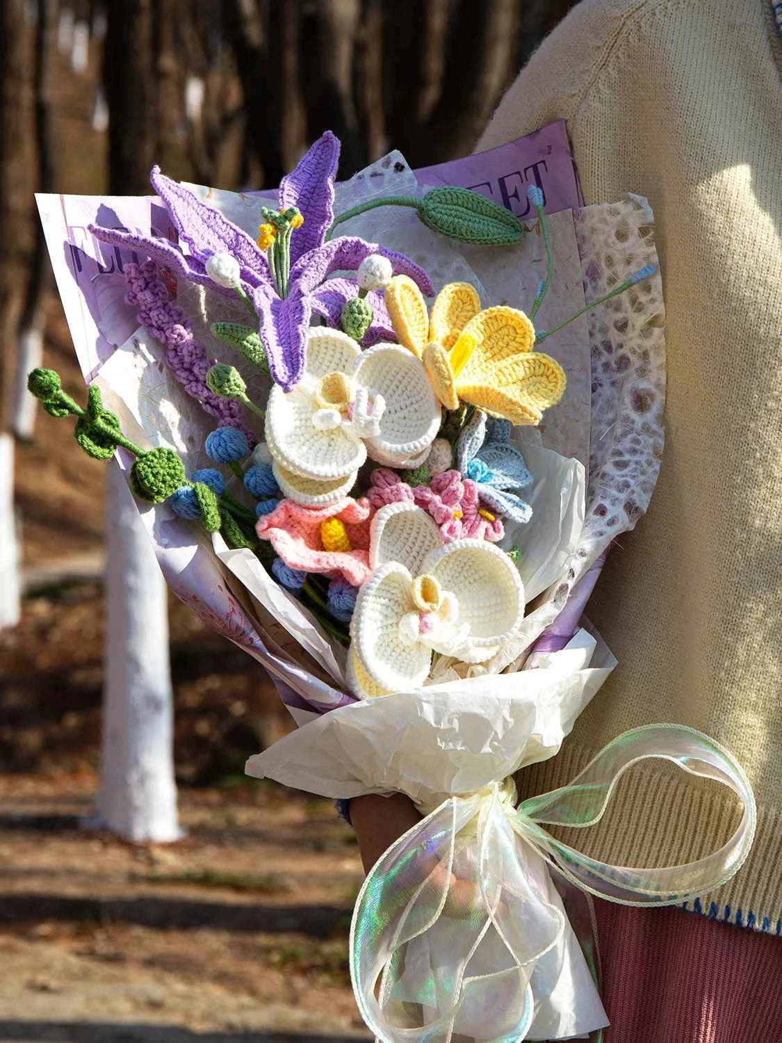 DIY Crochet Lily & Orchid Flower Bouquet Material Kits All-in-One Making Kit