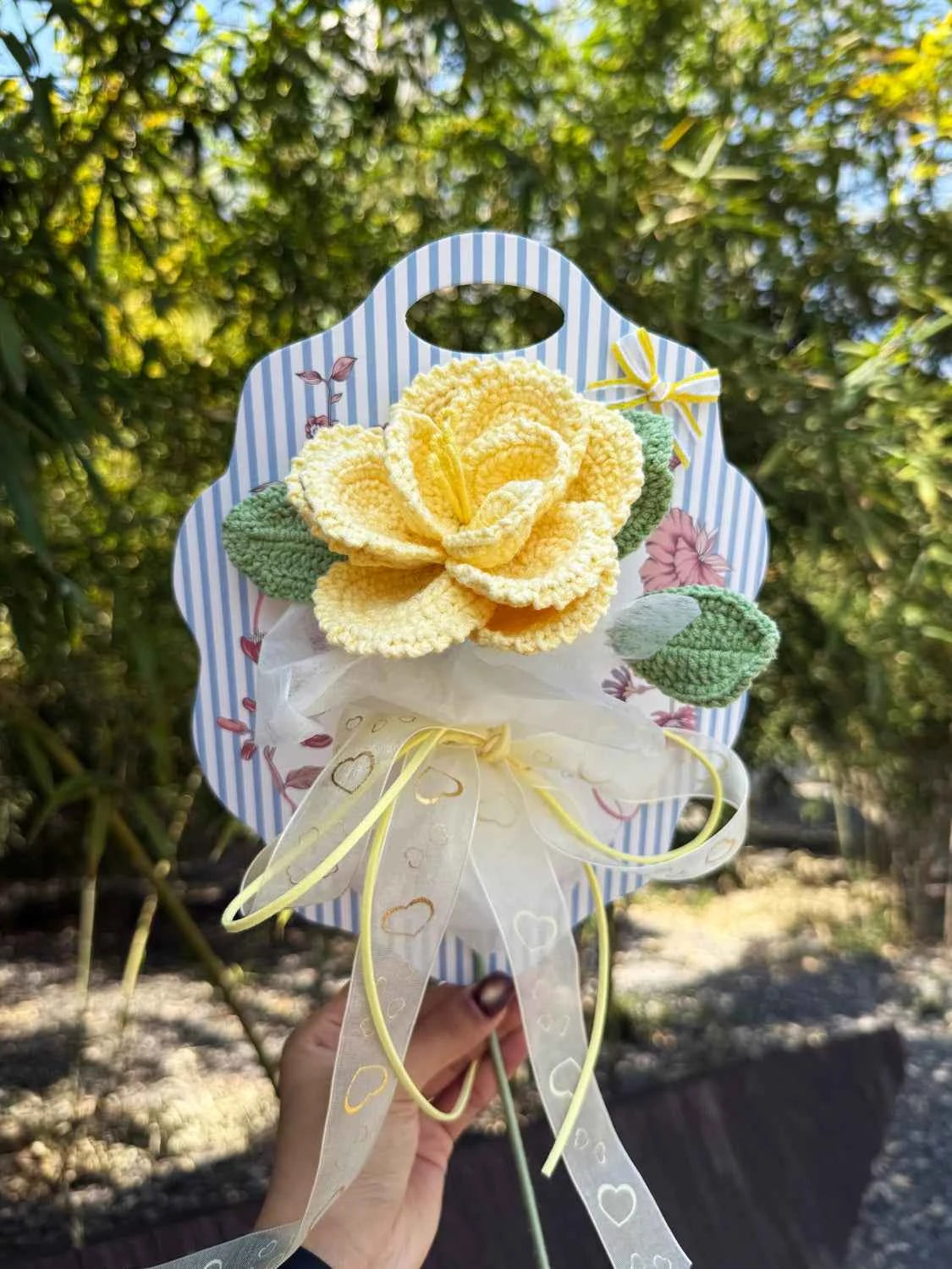 Crochet Single Stem Rose Greeting Card | Reusable Wool Flower Bouquet