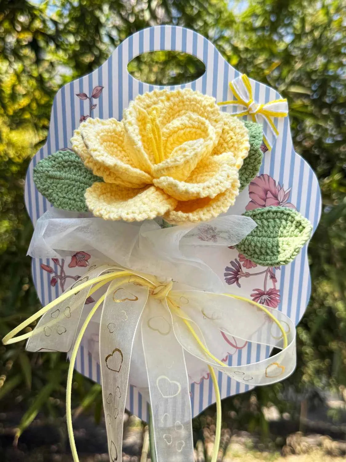 Crochet Single Stem Rose Greeting Card | Reusable Wool Flower Bouquet
