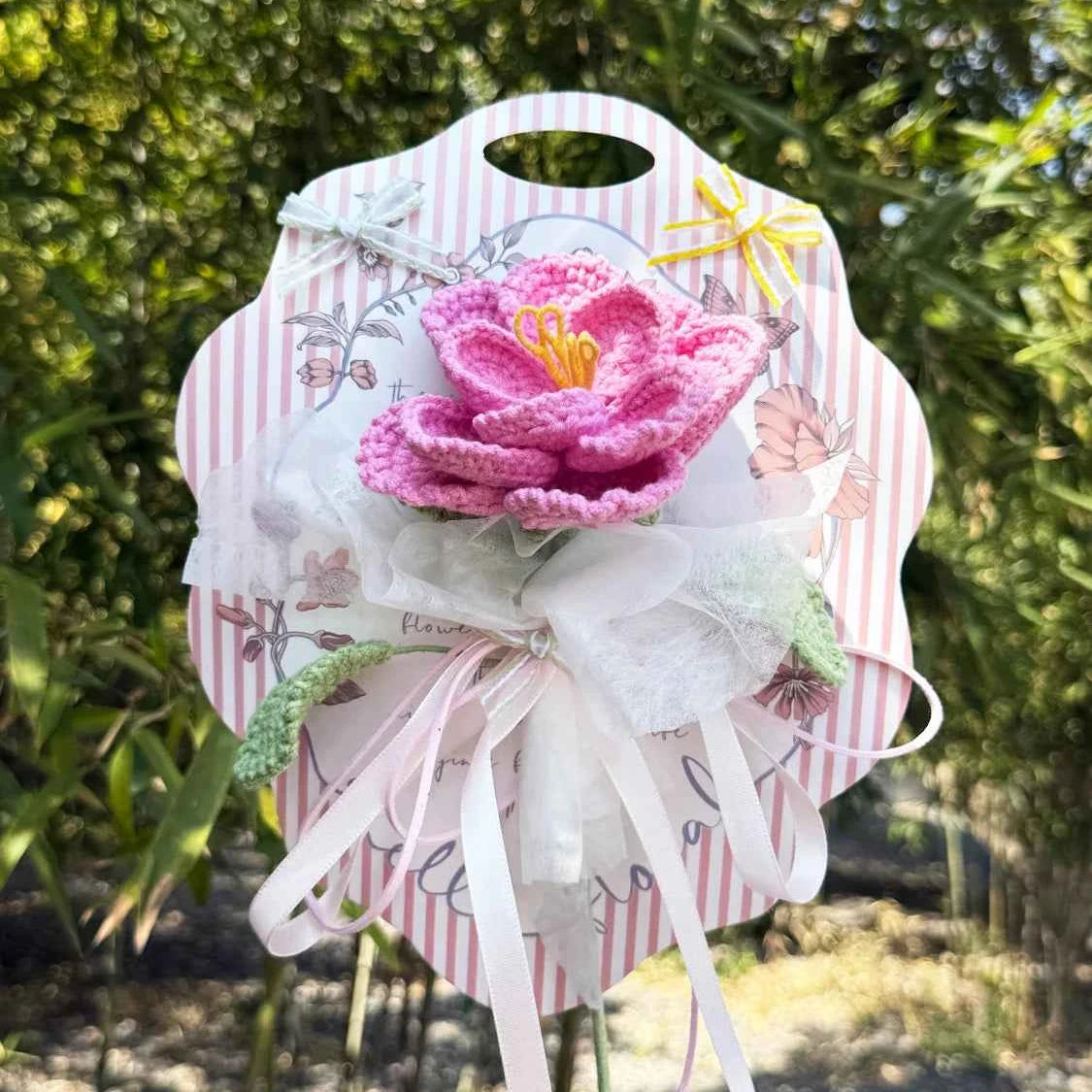 Crochet Single Stem Rose Greeting Card | Reusable Wool Flower Bouquet