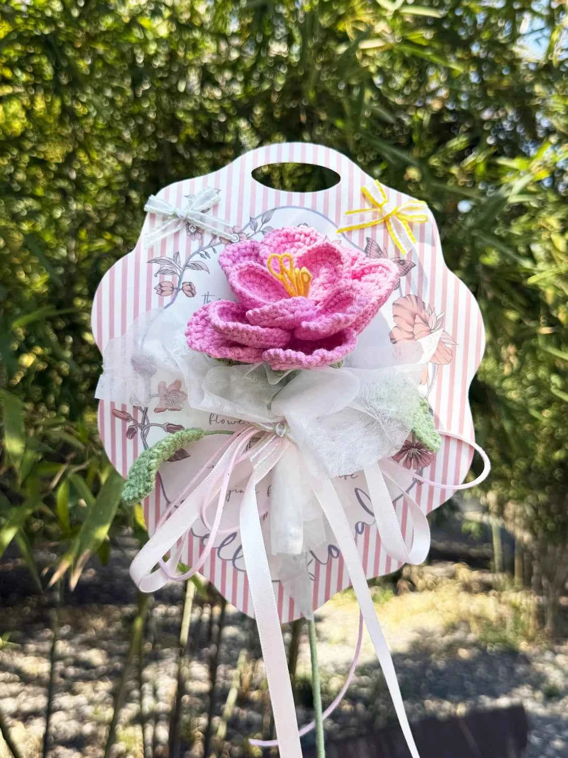 Crochet Single Stem Rose Greeting Card | Reusable Wool Flower Bouquet