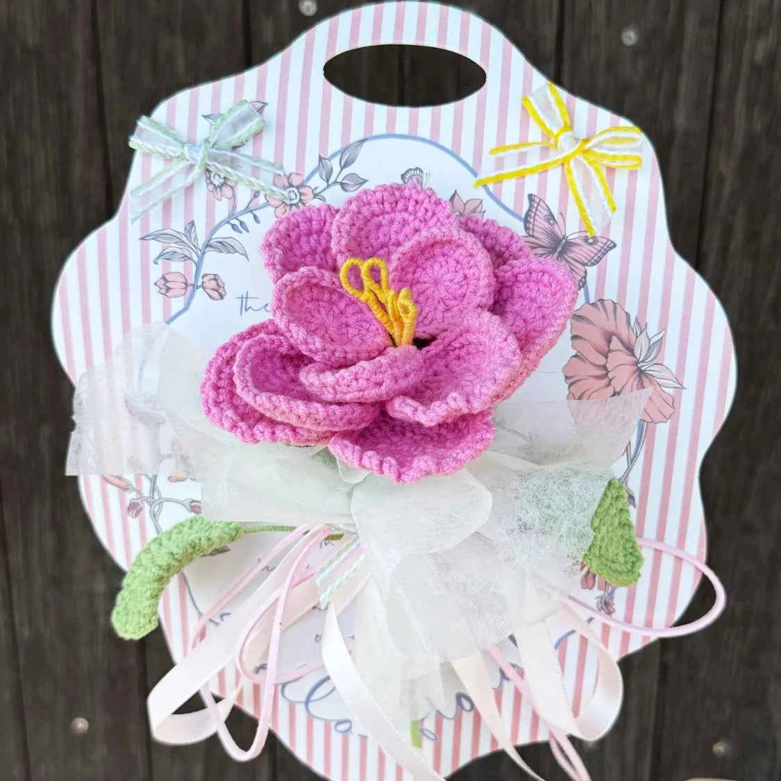 Crochet Single Stem Rose Greeting Card | Reusable Wool Flower Bouquet