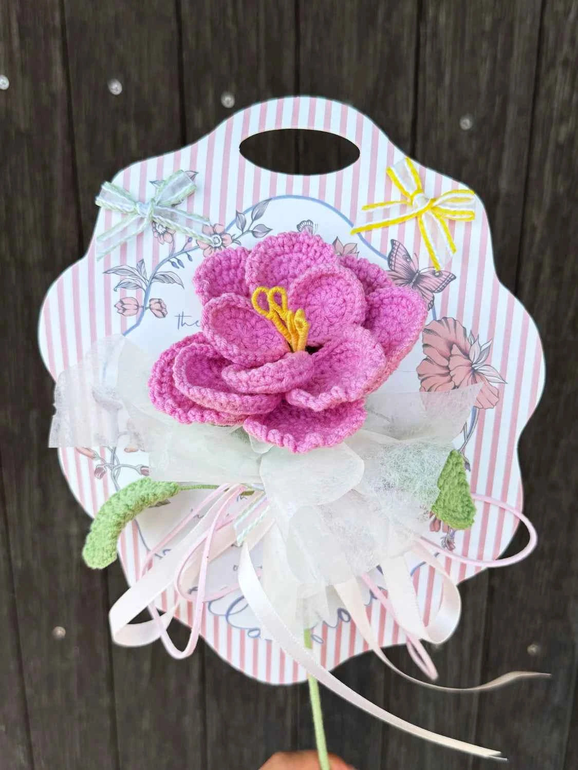 Crochet Single Stem Rose Greeting Card | Reusable Wool Flower Bouquet