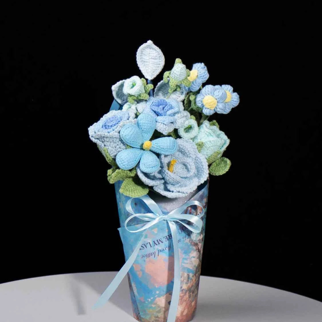 Handmade Blue French Rose Crochet Flower Bouquet - Everlasting Gift