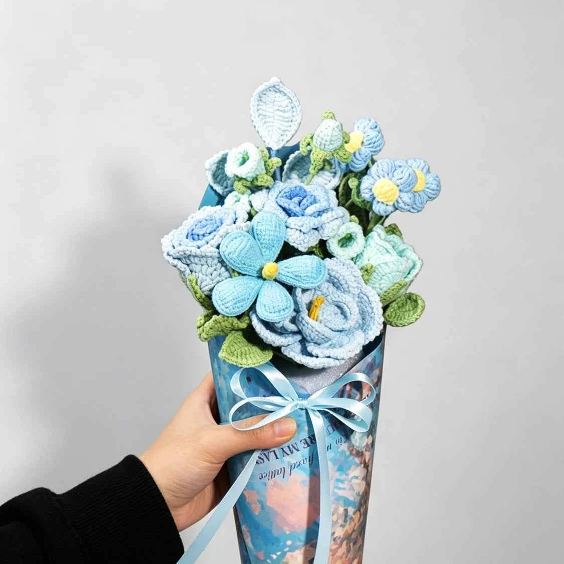 Handmade Blue French Rose Crochet Flower Bouquet - Everlasting Gift