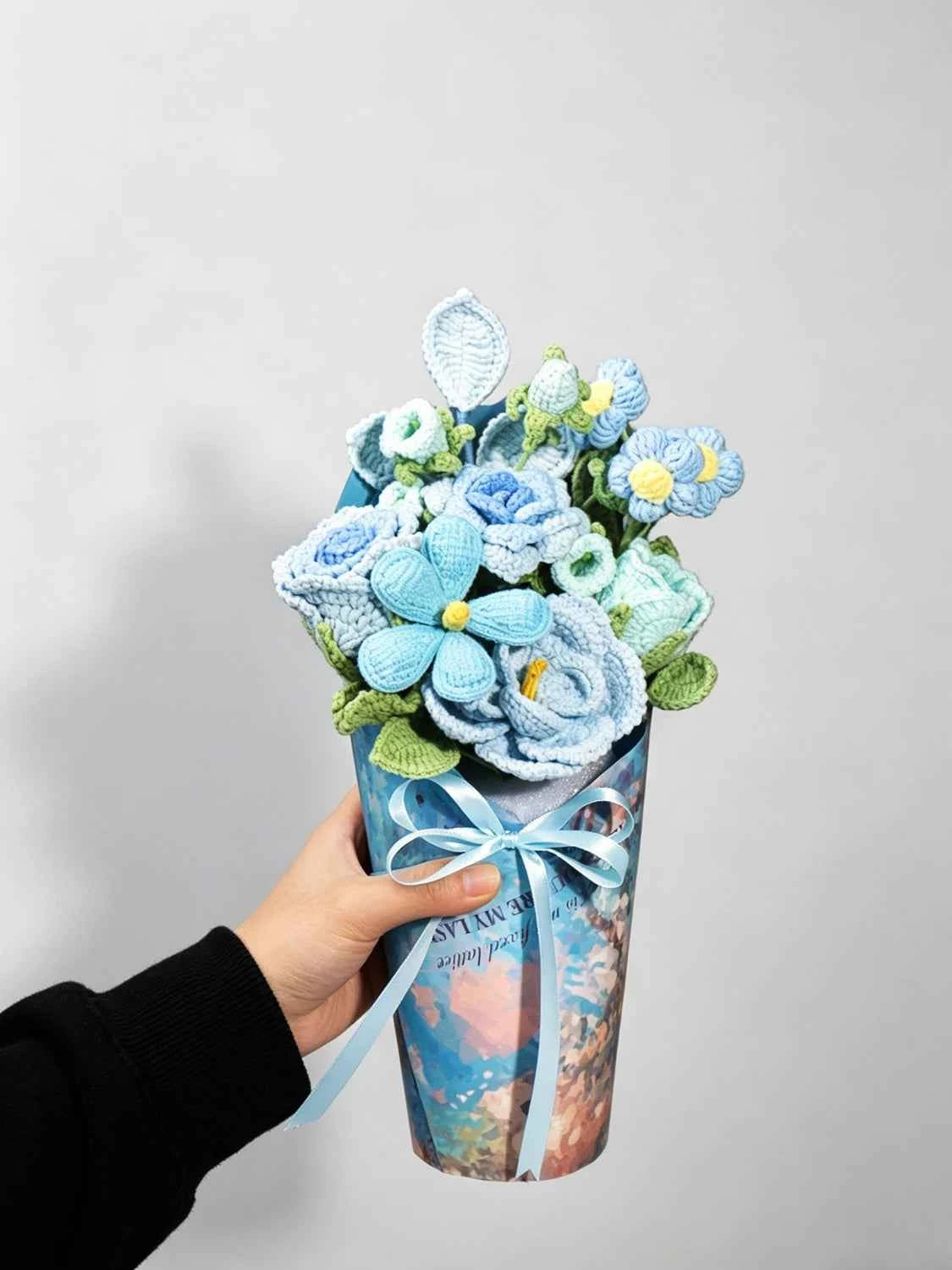 Handmade Blue French Rose Crochet Flower Bouquet - Everlasting Gift