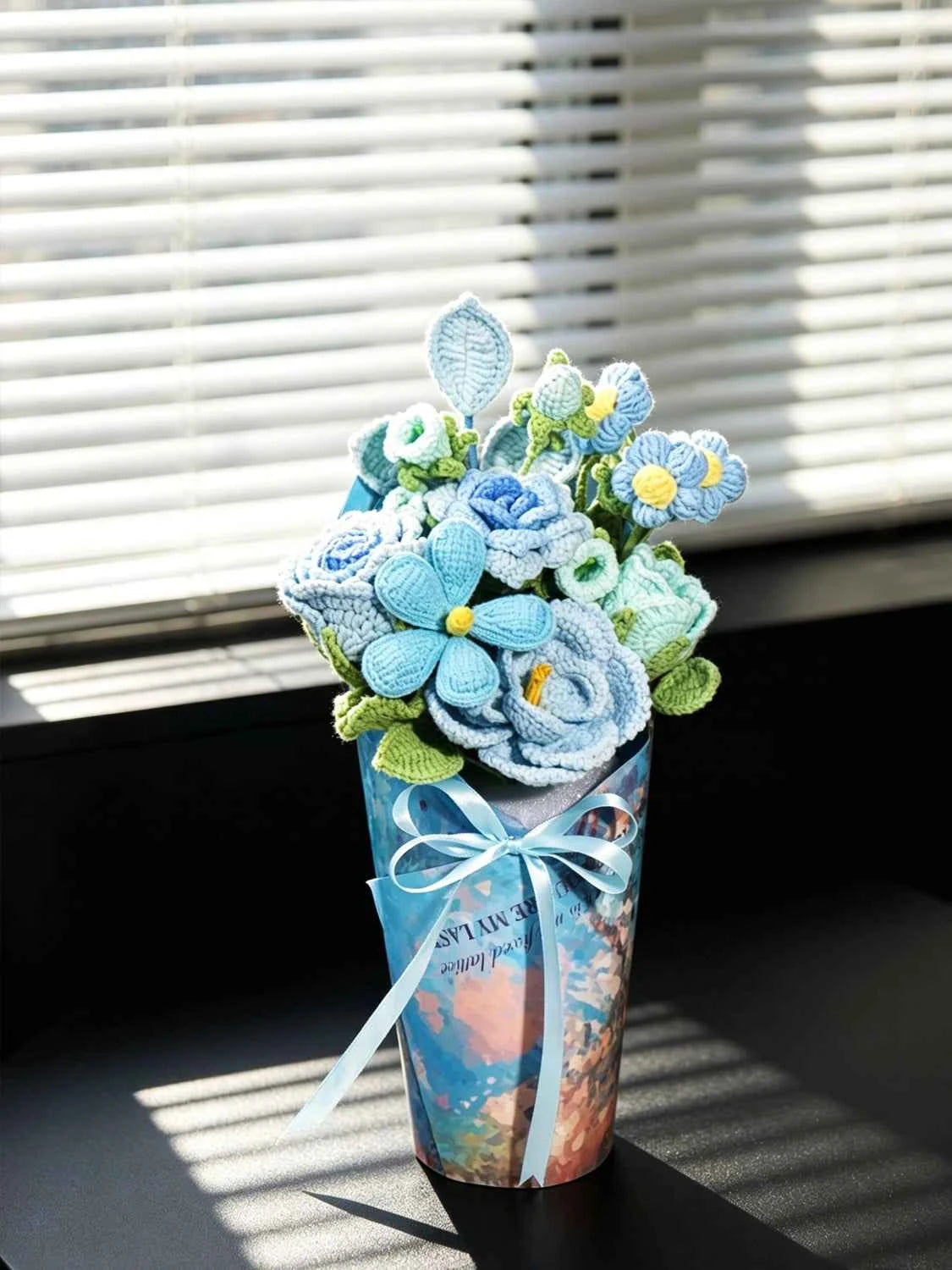 Handmade Blue French Rose Crochet Flower Bouquet - Everlasting Gift
