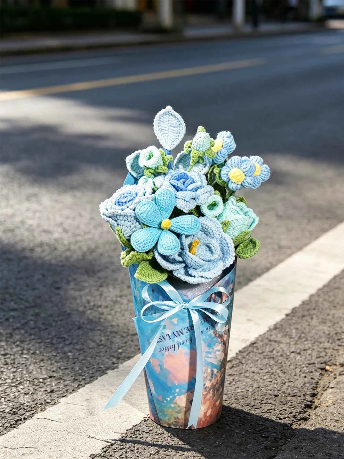 Handmade Blue French Rose Crochet Flower Bouquet - Everlasting Gift