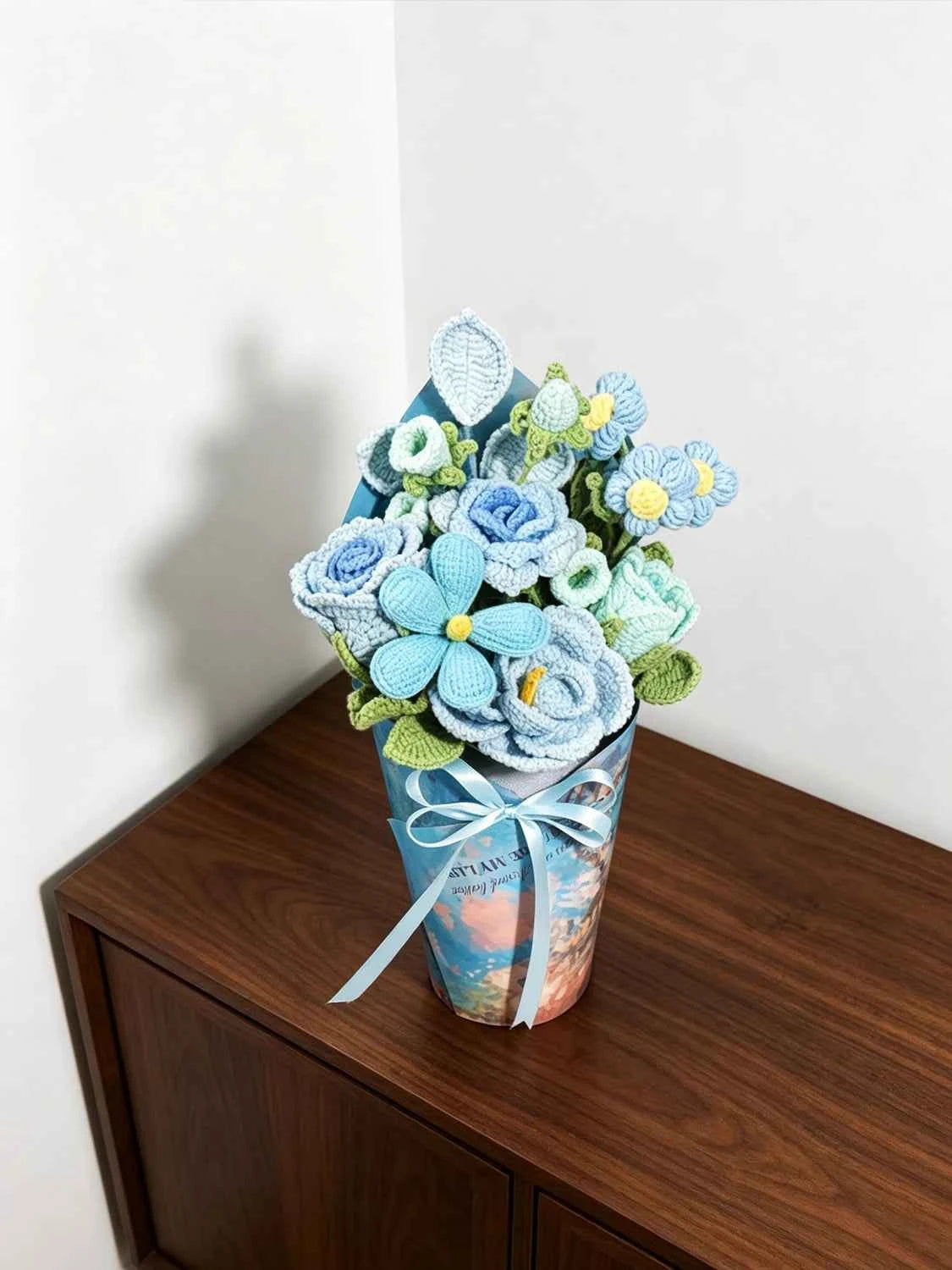 Handmade Blue French Rose Crochet Flower Bouquet - Everlasting Gift