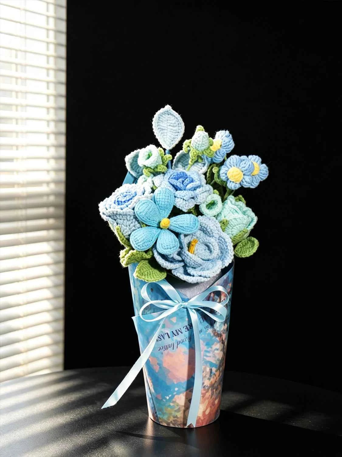 Handmade Blue French Rose Crochet Flower Bouquet - Everlasting Gift