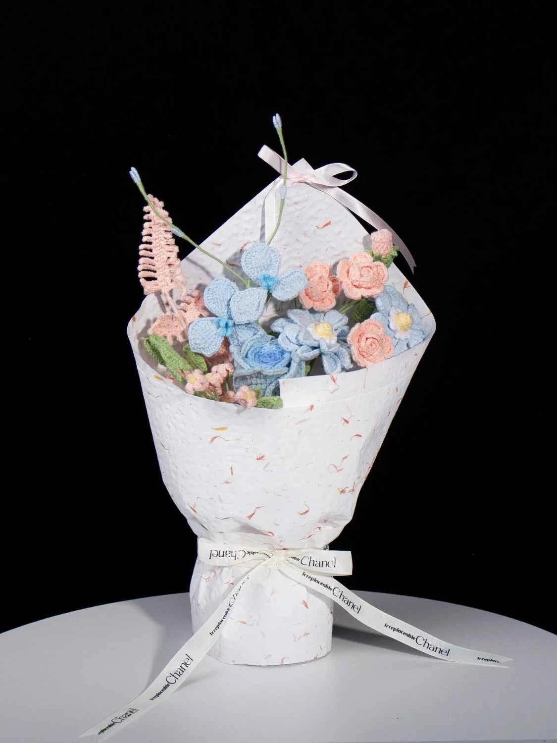 Handmade Blue Pink Zinnia & Rose Crochet Bouquet - Knitted Flower Gift