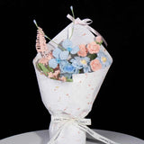 Handmade Blue Pink Zinnia & Rose Crochet Bouquet - Knitted Flower Gift