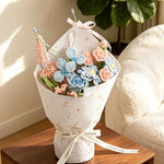 Handmade Blue Pink Zinnia & Rose Crochet Bouquet - Knitted Flower Gift
