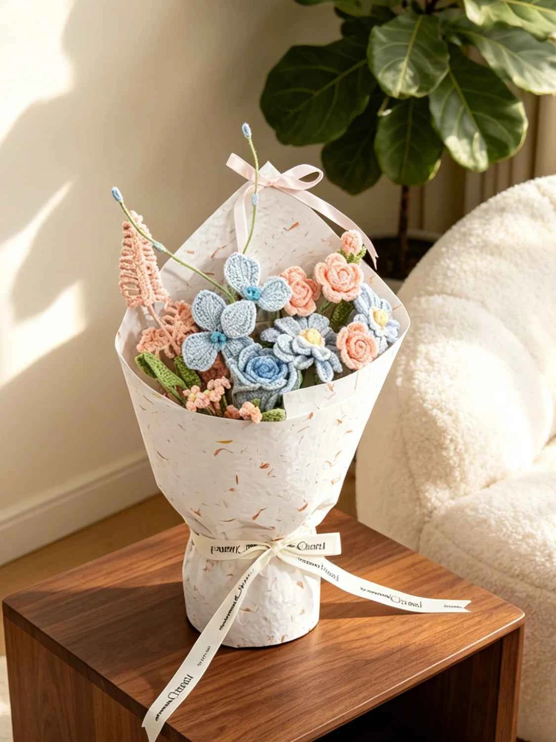 Handmade Blue Pink Zinnia & Rose Crochet Bouquet - Knitted Flower Gift