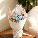 Handmade Blue Pink Zinnia & Rose Crochet Bouquet - Knitted Flower Gift
