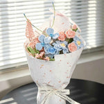 Handmade Blue Pink Zinnia & Rose Crochet Bouquet - Knitted Flower Gift