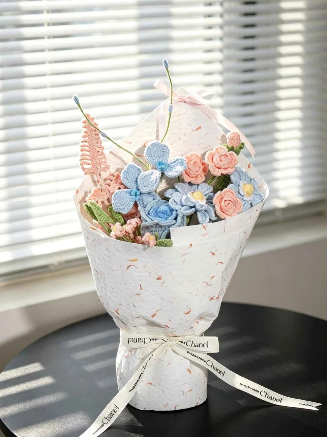 Handmade Blue Pink Zinnia & Rose Crochet Bouquet - Knitted Flower Gift