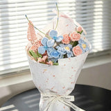 Handmade Blue Pink Zinnia & Rose Crochet Bouquet - Knitted Flower Gift