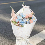 Handmade Blue Pink Zinnia & Rose Crochet Bouquet - Knitted Flower Gift