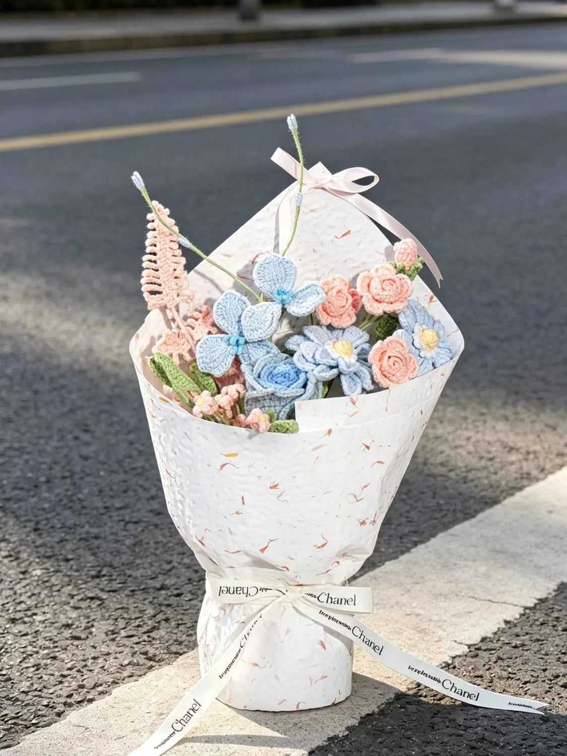 Handmade Blue Pink Zinnia & Rose Crochet Bouquet - Knitted Flower Gift