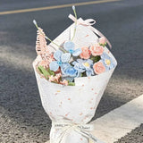 Handmade Blue Pink Zinnia & Rose Crochet Bouquet - Knitted Flower Gift