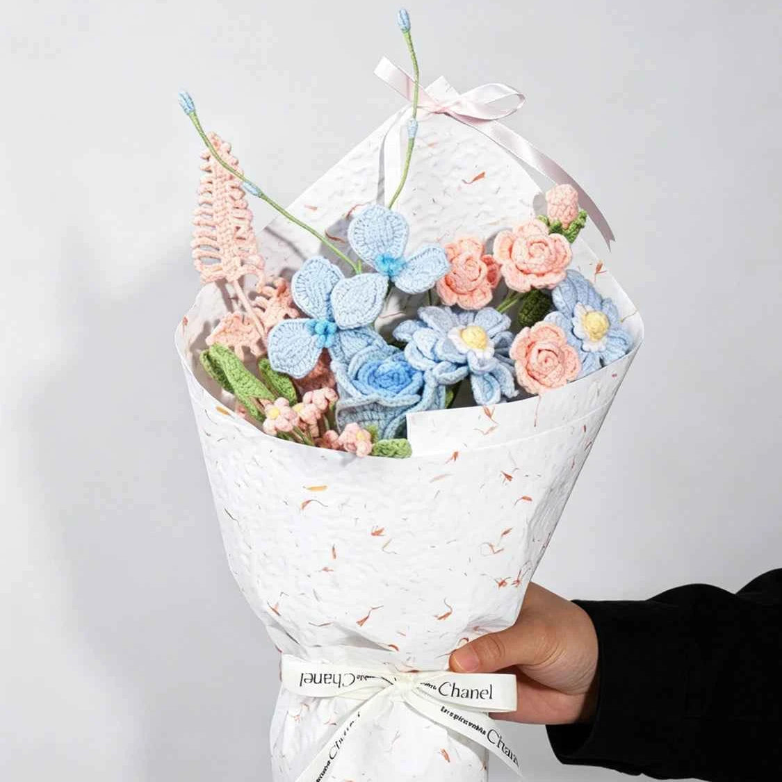 Handmade Blue Pink Zinnia & Rose Crochet Bouquet - Knitted Flower Gift