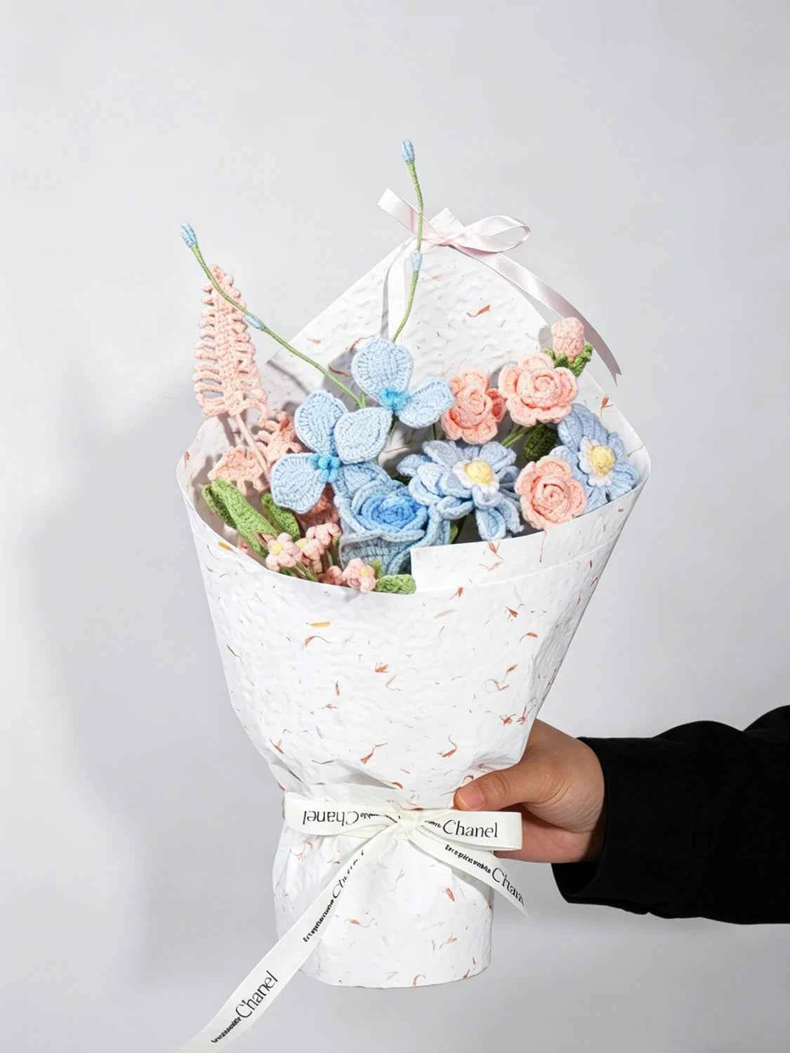Handmade Blue Pink Zinnia & Rose Crochet Bouquet - Knitted Flower Gift