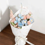 Handmade Blue Pink Zinnia & Rose Crochet Bouquet - Knitted Flower Gift