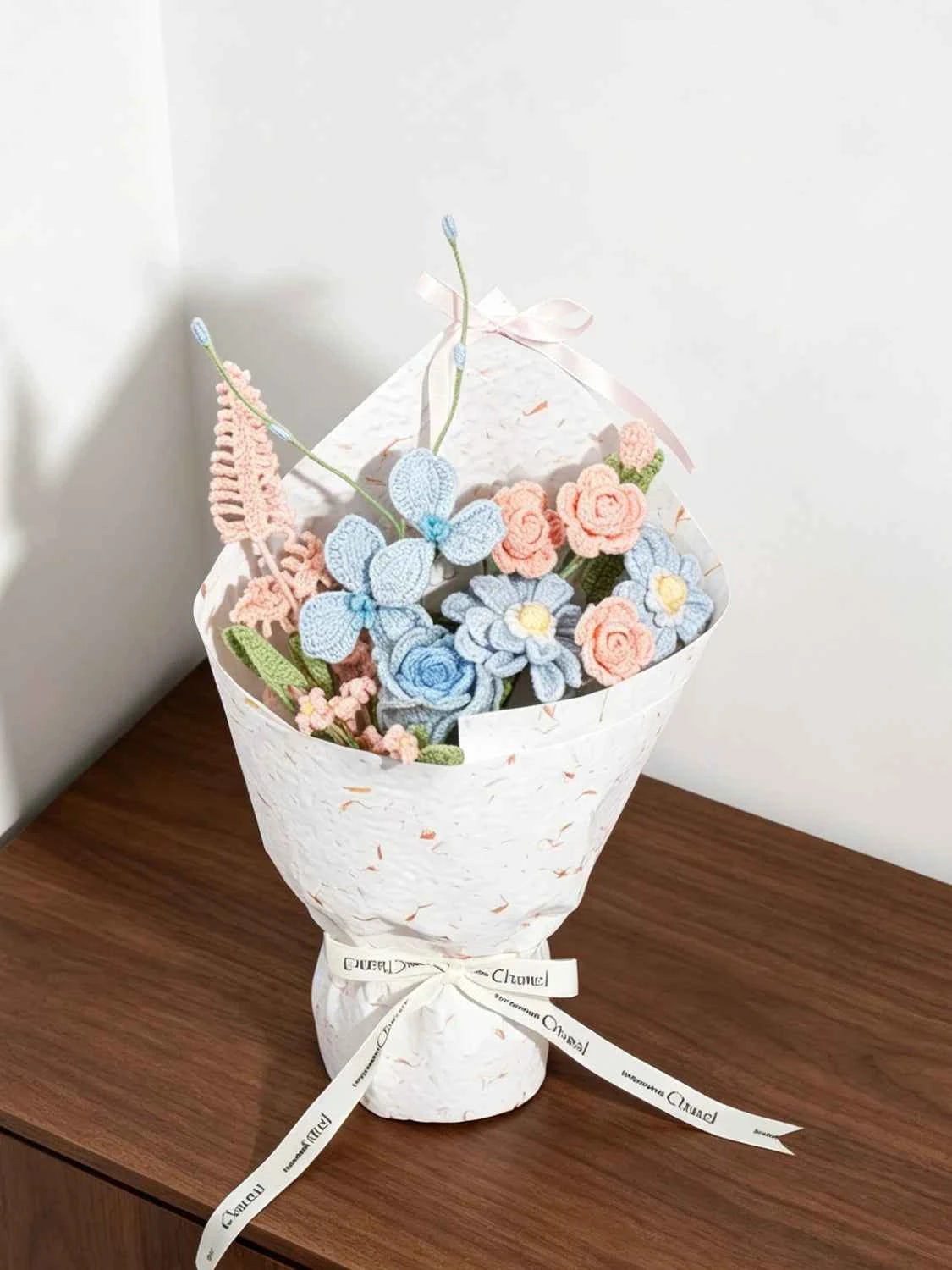 Handmade Blue Pink Zinnia & Rose Crochet Bouquet - Knitted Flower Gift