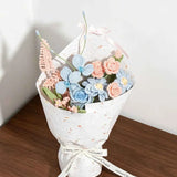 Handmade Blue Pink Zinnia & Rose Crochet Bouquet - Knitted Flower Gift