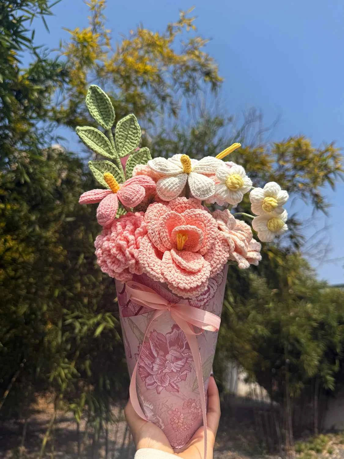 Handmade Crochet Flower Bouquet, Pink Roses & Tulips, Forever Flowers Gift for Mother's Day, Birthday, Anniversary