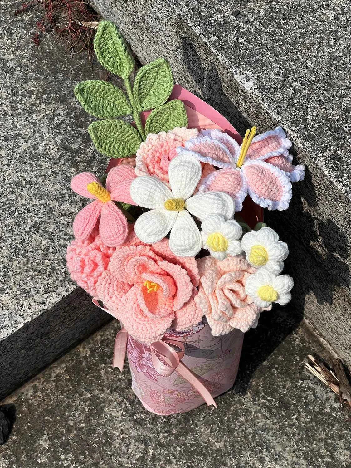 Handmade Crochet Flower Bouquet, Pink Roses & Tulips, Forever Flowers Gift for Mother's Day, Birthday, Anniversary