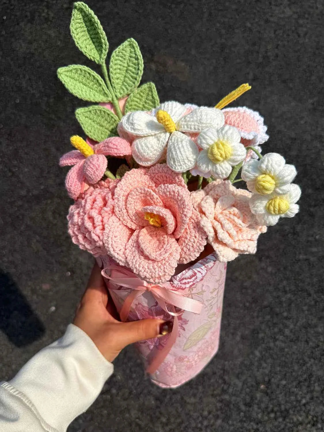 Handmade Crochet Flower Bouquet, Pink Roses & Tulips, Forever Flowers Gift for Mother's Day, Birthday, Anniversary