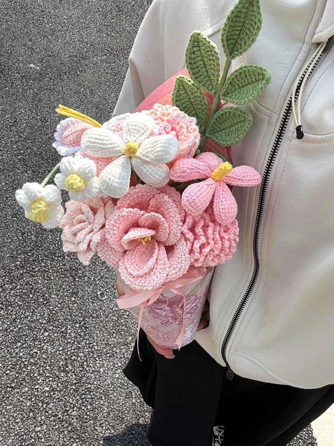 Handmade Crochet Flower Bouquet, Pink Roses & Tulips, Forever Flowers Gift for Mother's Day, Birthday, Anniversary