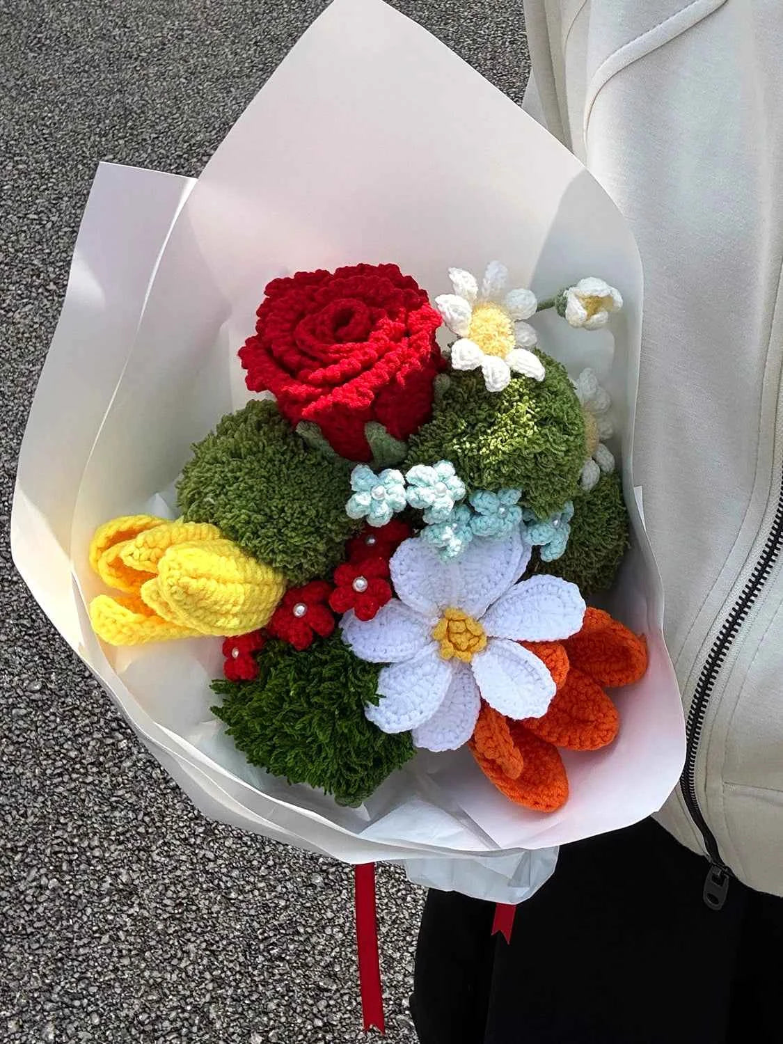 Handmade Crochet Flower Bouquet – Knitted Rose Tulip Daisy Yarn Flowers