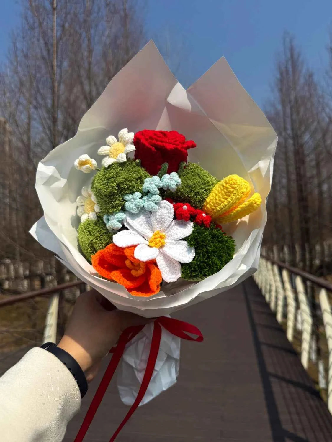 Handmade Crochet Flower Bouquet – Knitted Rose Tulip Daisy Yarn Flowers