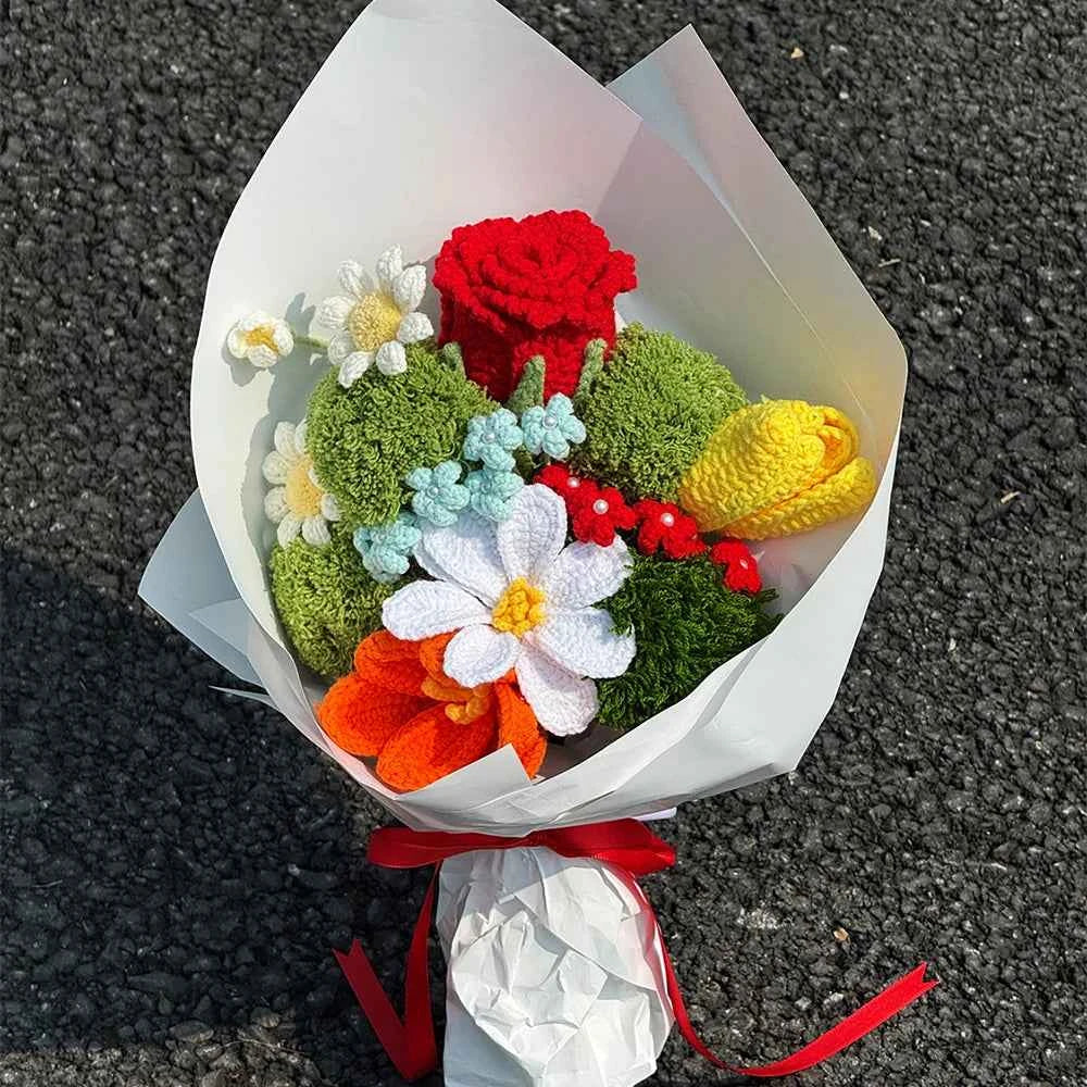 Handmade Crochet Flower Bouquet – Knitted Rose Tulip Daisy Yarn Flowers