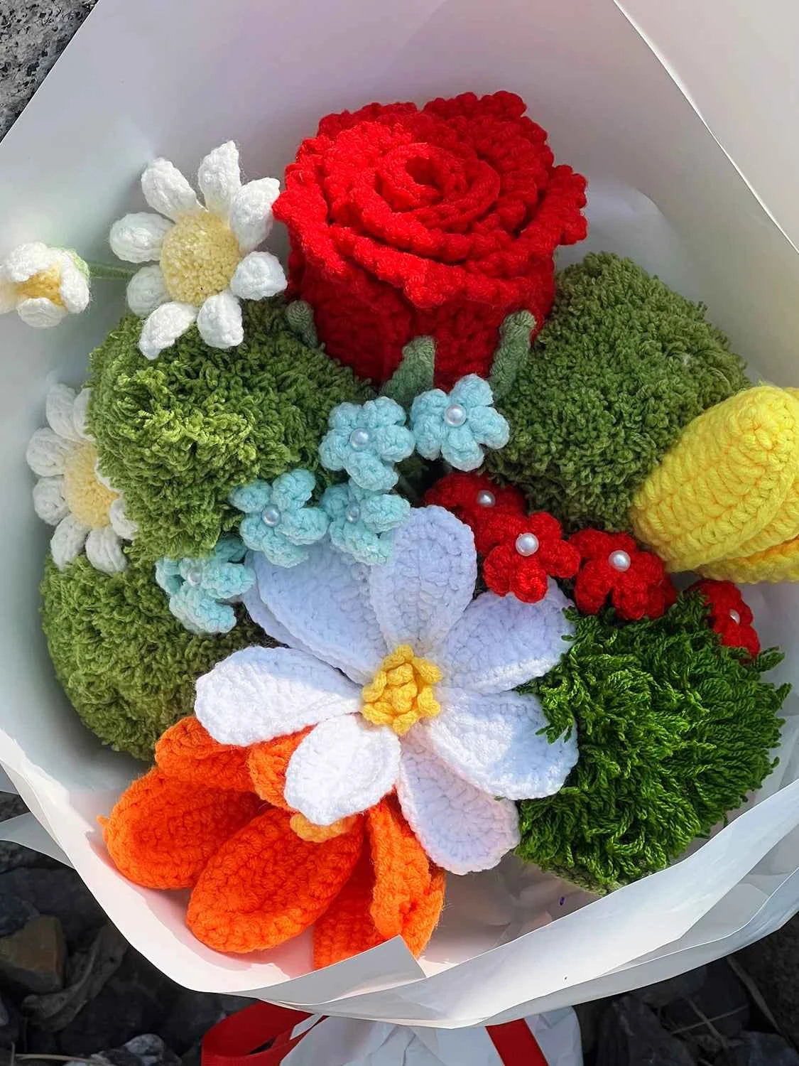 Handmade Crochet Flower Bouquet – Knitted Rose Tulip Daisy Yarn Flowers