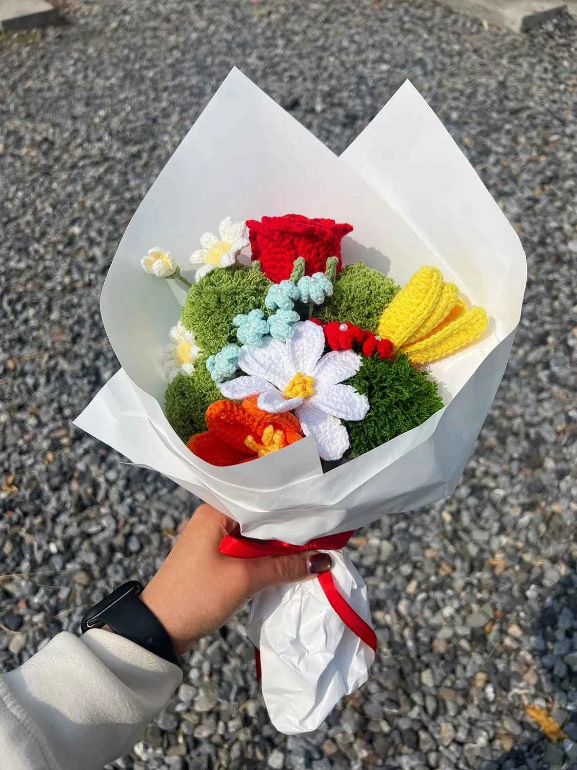 Handmade Crochet Flower Bouquet – Knitted Rose Tulip Daisy Yarn Flowers