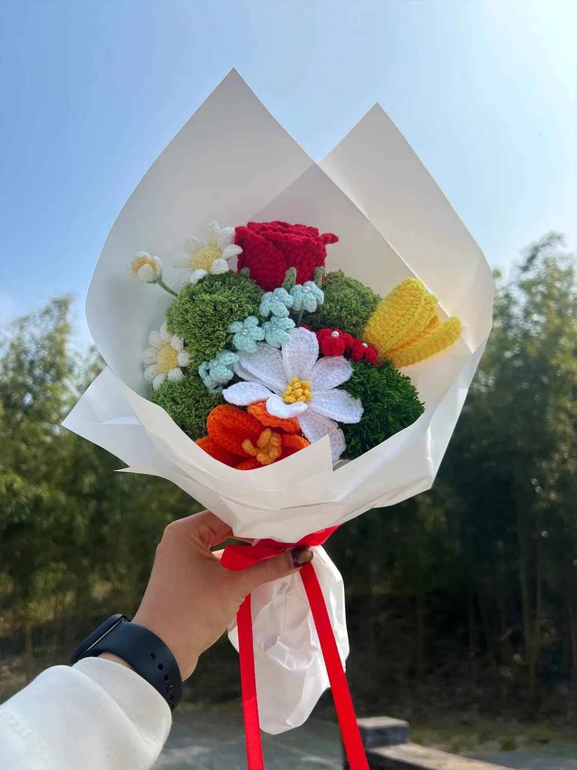 Handmade Crochet Flower Bouquet – Knitted Rose Tulip Daisy Yarn Flowers