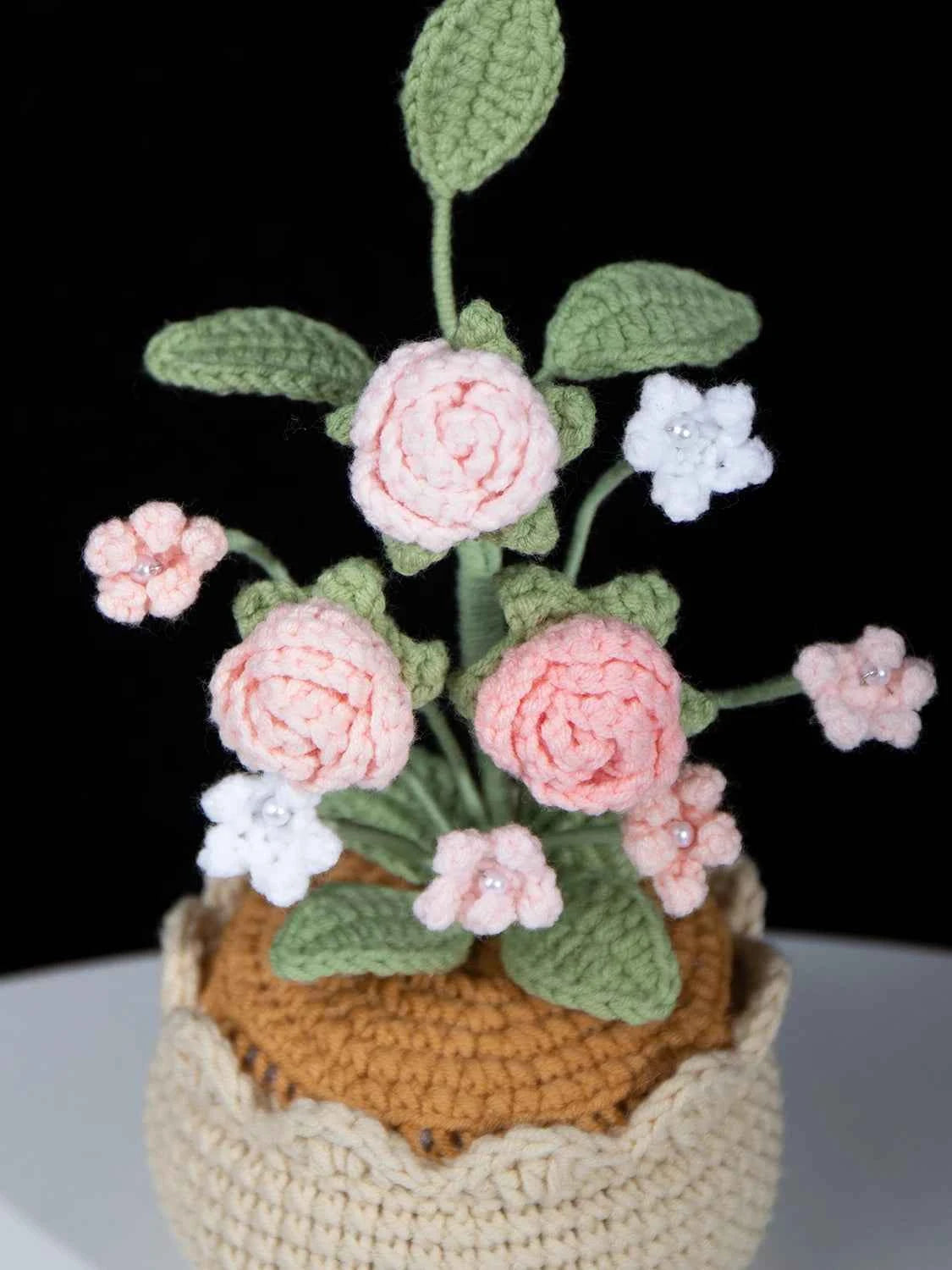 Crochet Mini Rose Bouquet in Pot - Unique Gift for Her, Home Office Decor