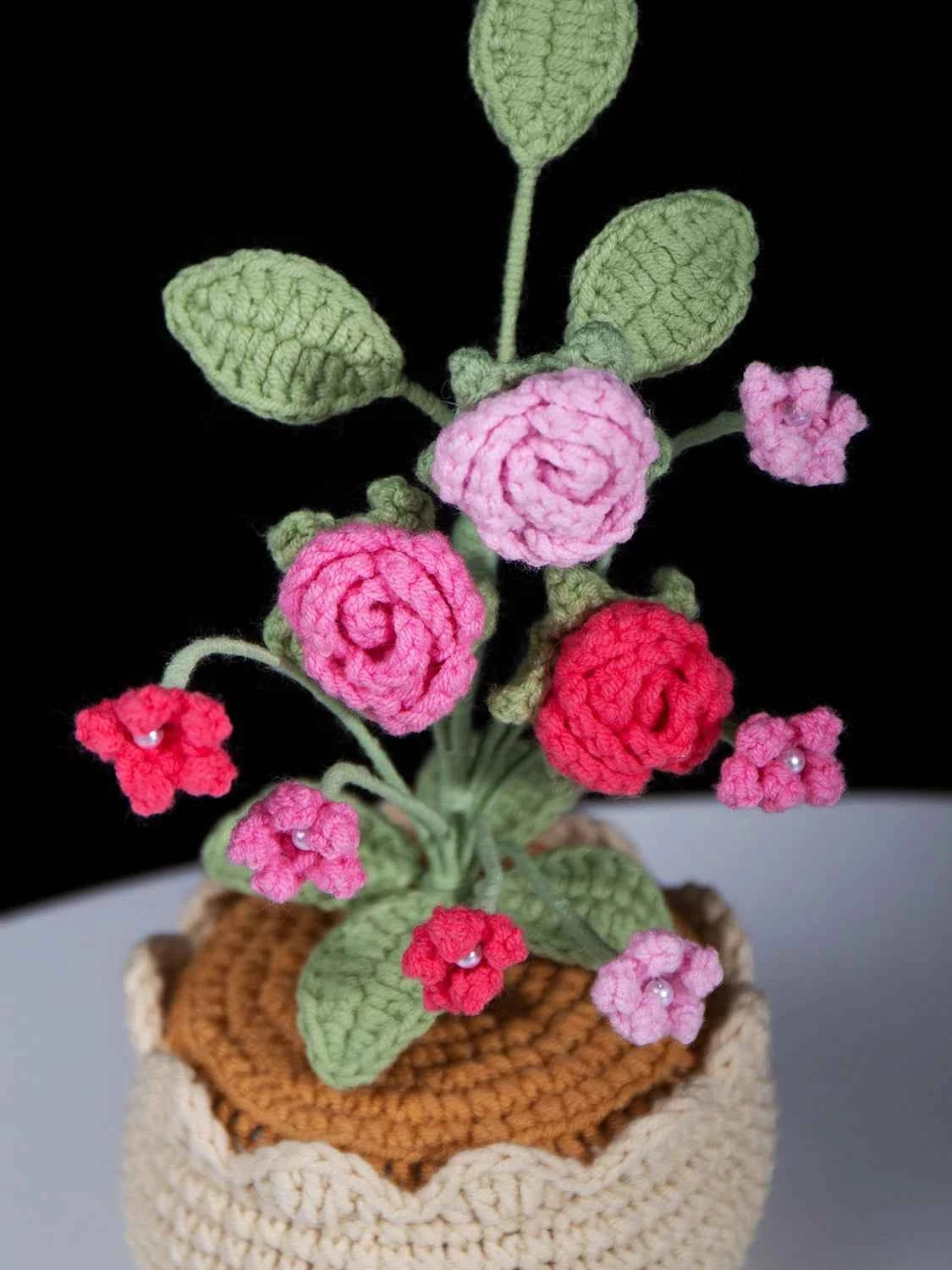 Crochet Mini Rose Bouquet in Pot - Unique Gift for Her, Home Office Decor